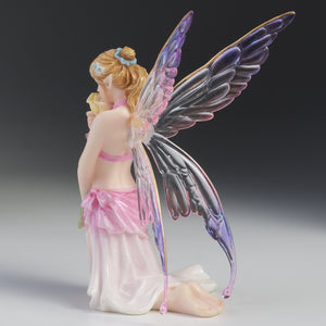 Kneeling Fairy Figurine with Yellow Rose – Pink and Purple Winged Fairy Statue