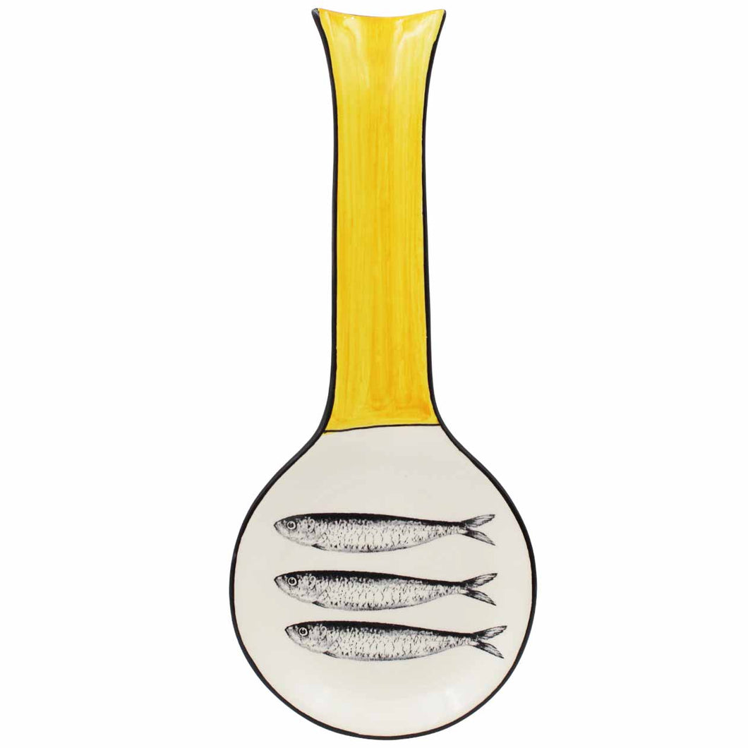 Portuguese Ceramic Spoon Rest with Sardine Design - Yellow Handle
