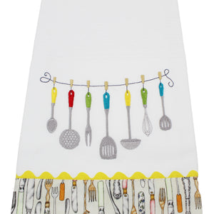 100% Cotton Decorative Kitchen Dish Towel with Border - Made in Portugal - Cutlery Yellow
