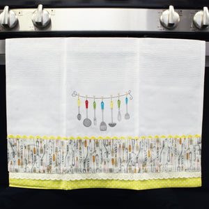 100% Cotton Decorative Kitchen Dish Towel with Border - Made in Portugal - Cutlery Yellow