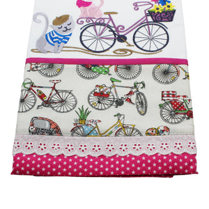 100% Cotton Decorative Kitchen Dish Towel with Border - Made in Portugal - Cats Pink