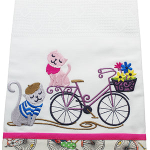100% Cotton Decorative Kitchen Dish Towel with Border - Made in Portugal - Cats Pink