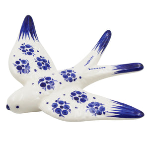 Set of 2 Hand-Painted Ceramic Swallows – Blue Floral Design Wall Decor