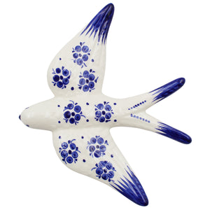 Set of 2 Hand-Painted Ceramic Swallows – Blue Floral Design Wall Decor