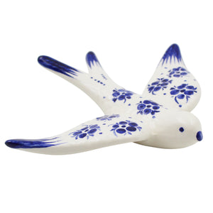 Set of 2 Hand-Painted Ceramic Swallows – Blue Floral Design Wall Decor