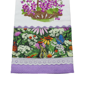 100% Cotton Decorative Kitchen Dish Towel with Border - Made in Portugal - Purple Flowers