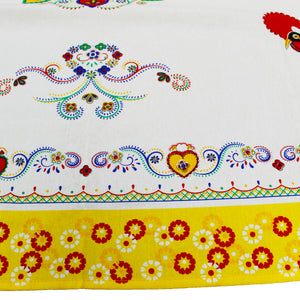 100% Cotton Portuguese Good Luck Rooster and Viana Heart Yellow Border Tablecloth