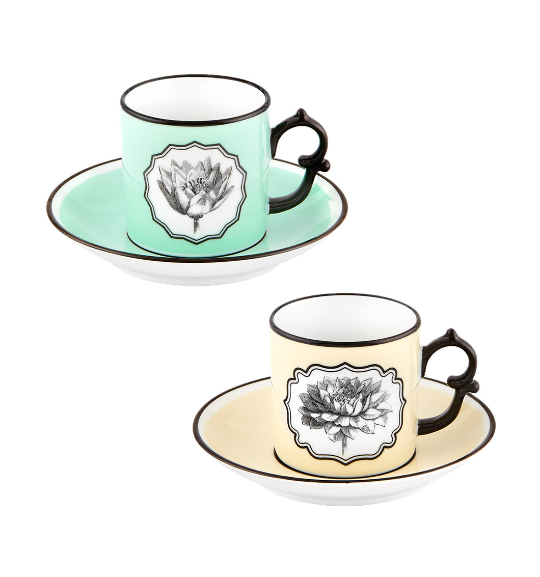 Vista Alegre Herbariae Yellow and Green Coffee Cups and Saucers, Set of 2