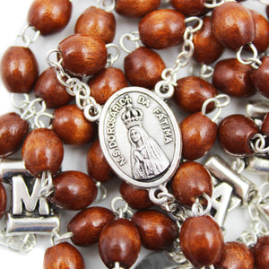 Our Lady of Fatima Brown Wood Rosary with Fatima Letters