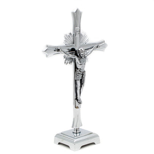 8" Metallic Altar Silver Crucifix With Stand