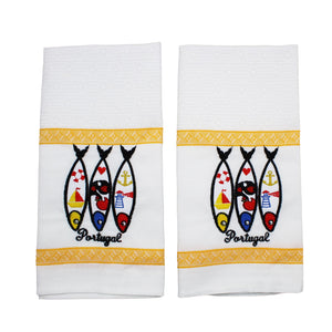 100% Cotton Embroidered Portuguese Sardine Decorative Kitchen Dish Towel - Set of 2
