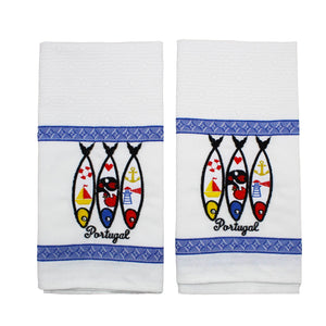 100% Cotton Embroidered Portuguese Sardine Decorative Kitchen Dish Towel - Set of 2