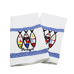 100% Cotton Embroidered Portuguese Sardine Decorative Kitchen Dish Towel - Set of 2