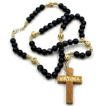 Load image into Gallery viewer, Our Lady of Fatima Black Glass Rosary/Necklace on Rope with Wooden Beads
