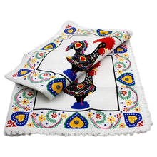 Load image into Gallery viewer, 31&quot;x31&quot; Good Luck Rooster Galo de Barcelos Square White Table Linen with Fringe
