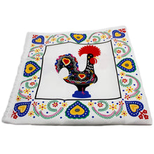 Load image into Gallery viewer, 31&quot;x31&quot; Good Luck Rooster Galo de Barcelos Square White Table Linen with Fringe
