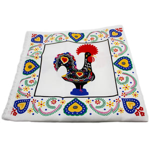 31"x31" Good Luck Rooster Galo de Barcelos Square White Table Linen with Fringe