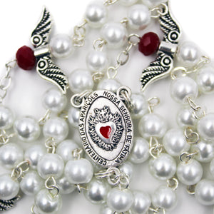 Our Lady of Fatima White Pearl Rosary w/ Angel Wings and Fatima Medal