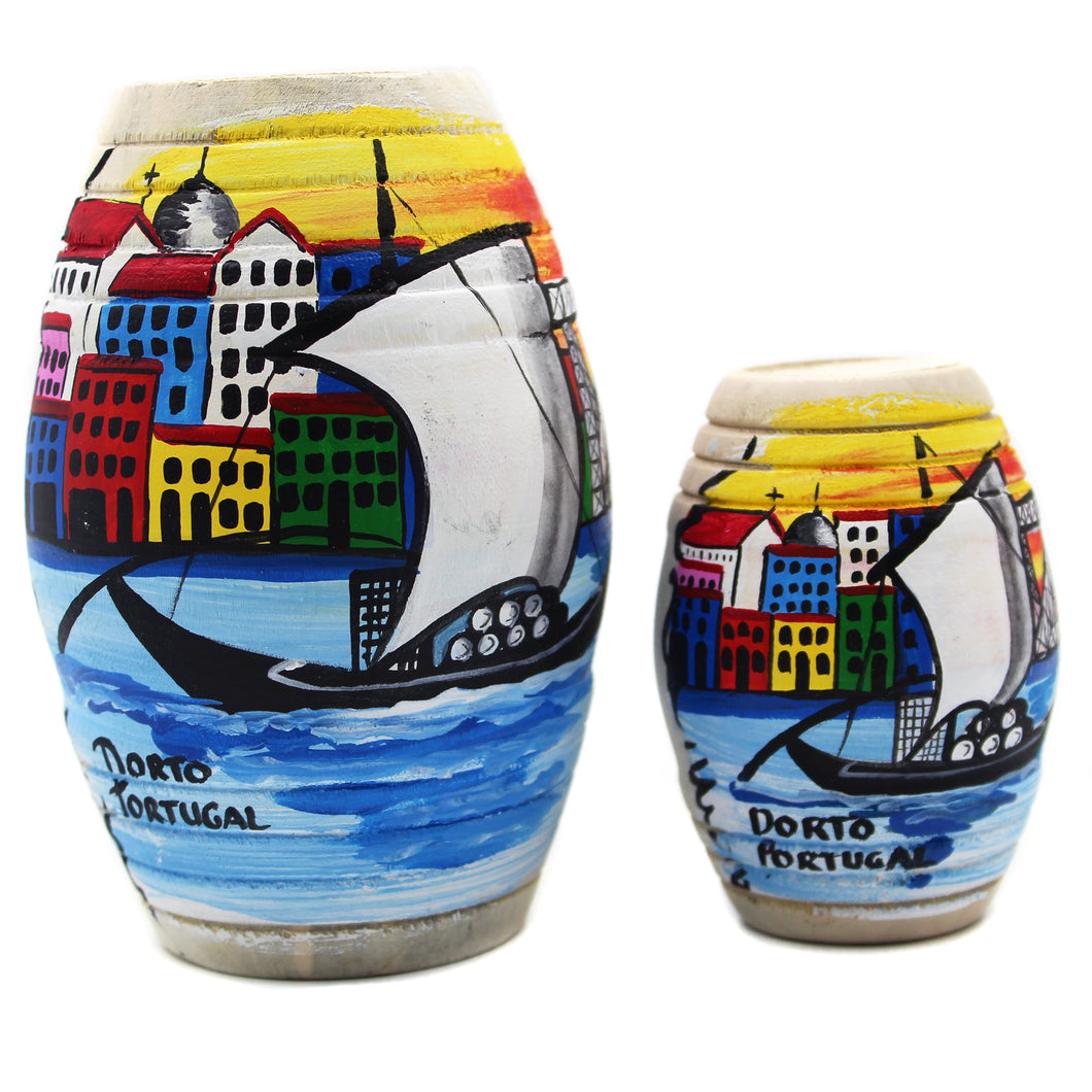 Hand-Painted Porto Rabelo Boat Wooden Barricas Set