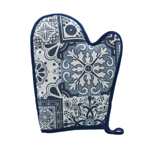 100% Cotton Portugal Blue Tile Azulejo Oven Mitt and Pot Holder Set