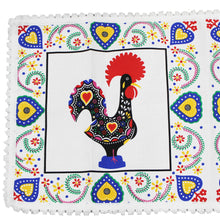 Load image into Gallery viewer, 16&quot; x 31&quot; Good Luck Rooster Galo de Barcelos White Table Linen with Fringe
