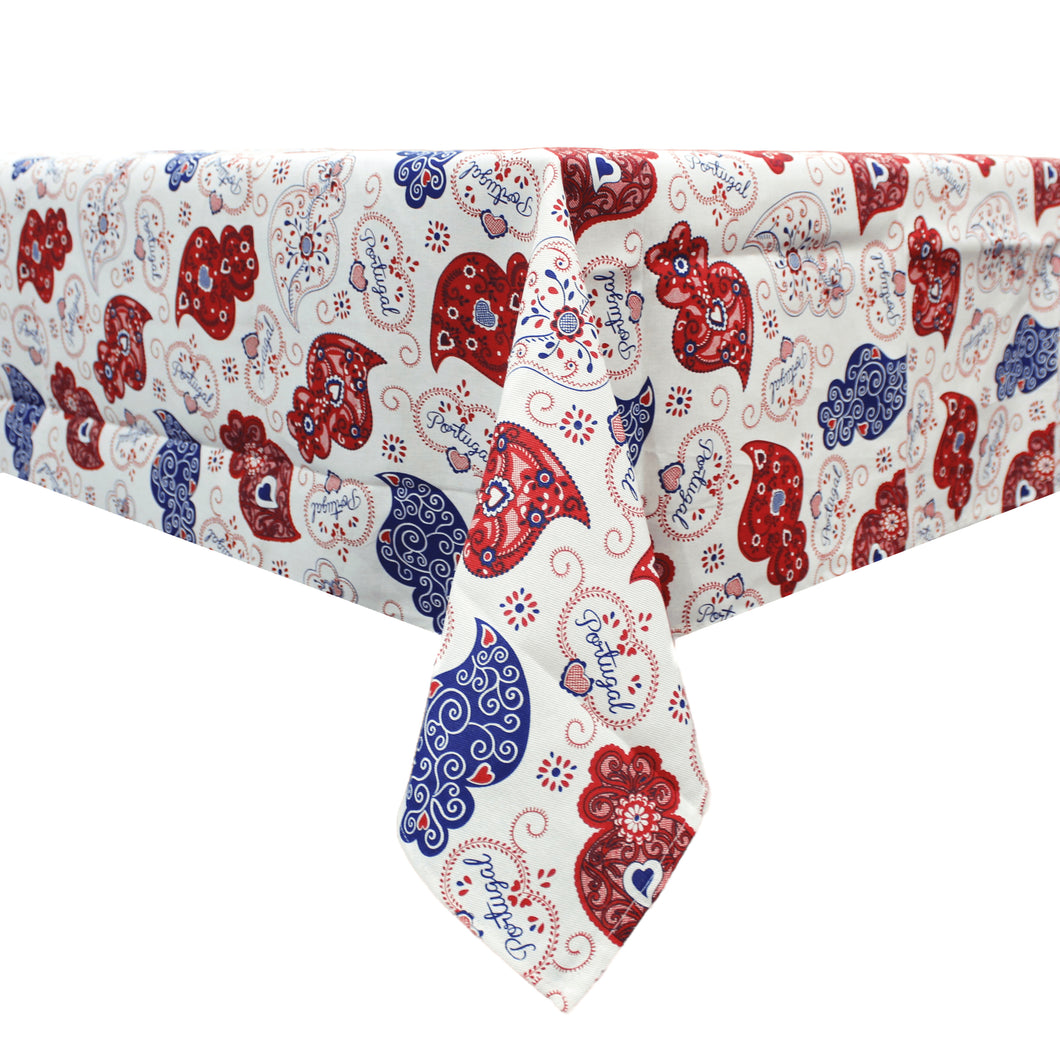 100% Cotton Blue and Red Viana Heart Made in Portugal Tablecloth
