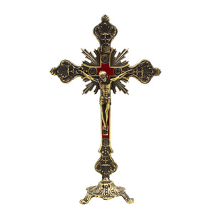 13" Metallic Altar Gold Crucifix With Stand