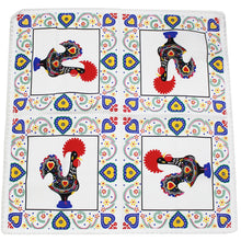 Load image into Gallery viewer, 31&quot;x31&quot; Good Luck Rooster Galo de Barcelos Square White Table Linen with Fringe
