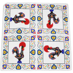 31"x31" Good Luck Rooster Galo de Barcelos Square White Table Linen with Fringe