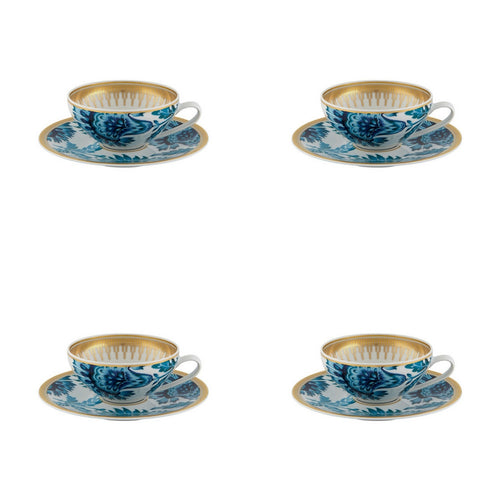 Vista Alegre Porcelain Gold Exotic Set of 4 Tea Cup With Saucer