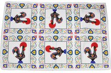 Load image into Gallery viewer, 31&quot; x 47&quot; Good Luck Rooster Galo de Barcelos White Table Linen with Fringe
